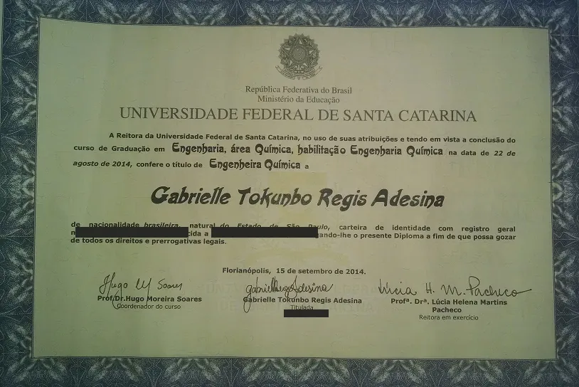 Diploma de Engenharia Química, UFSC