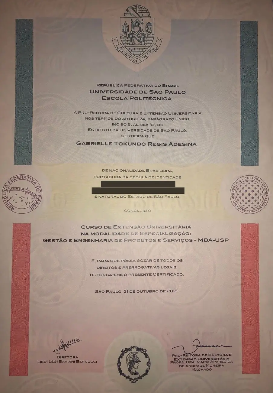 Diploma de Especialização em Gestão e Engenharia de Produtos e Serviços, USP